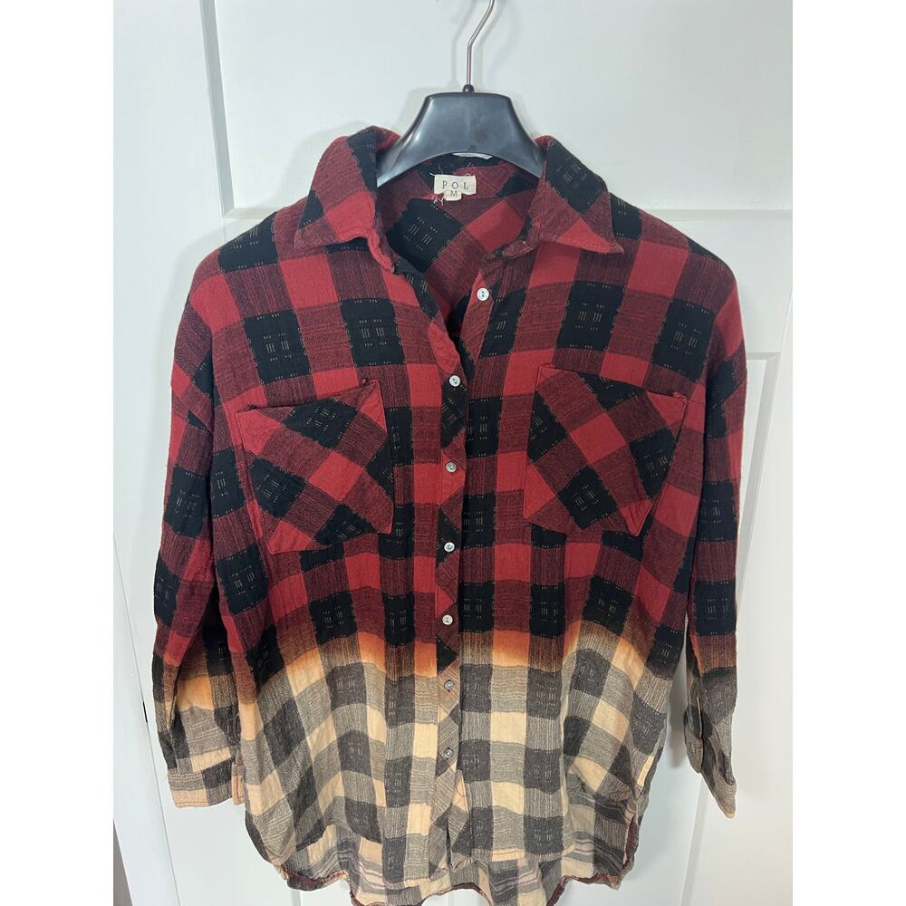 POL Bohemian Inspired Plaid Ombré Button Down Size Women M Medium‎ Oversized Fit - Picture 4 of 9